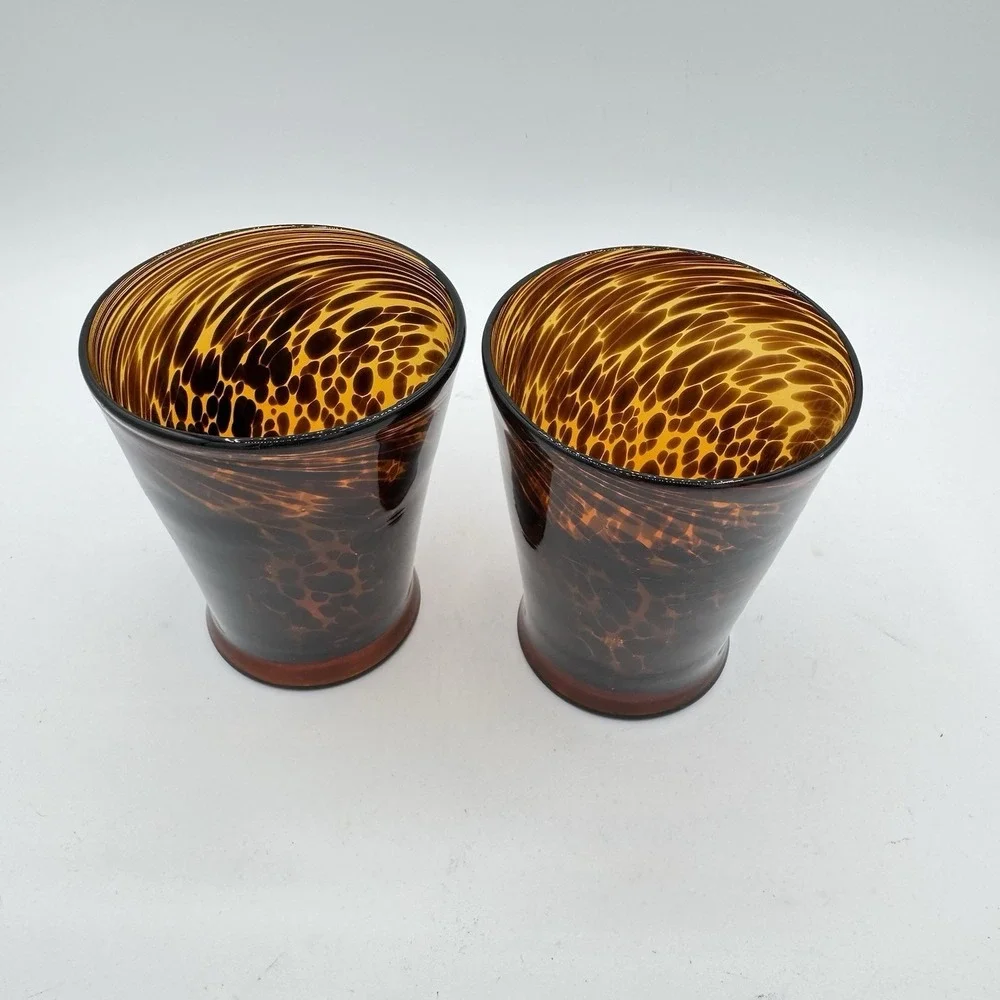 Tortoise Shell Glass Tumblers Set of 2 Hand Blown Heavy Vintage Barware Art